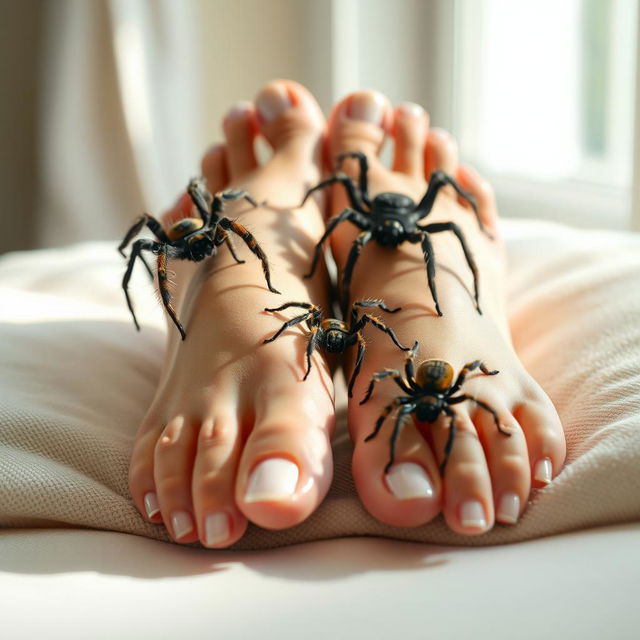 A striking and slightly surreal scene featuring elegantly manicured female feet, resting comfortably on a soft surface