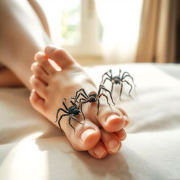 A striking and slightly surreal scene featuring elegantly manicured female feet, resting comfortably on a soft surface