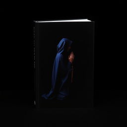 A book cover featuring a striking black background with a person wearing a navy blue cloak kneeling in prayer