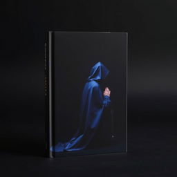 A book cover featuring a striking black background with a person wearing a navy blue cloak kneeling in prayer
