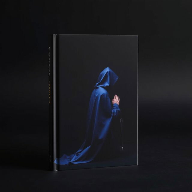 A book cover featuring a striking black background with a person wearing a navy blue cloak kneeling in prayer