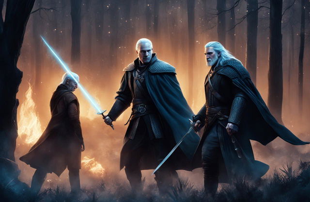 This is a digital artwork depicting a duel between Voldemort and Geralt in a moonlit forest