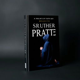 A book cover featuring a striking black background with a person wearing a navy blue cloak kneeling in prayer