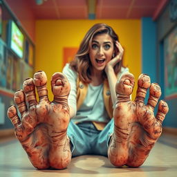 A surreal and humorous scene featuring a woman playfully interacting with a set of exaggeratedly rotten, grotesque toes
