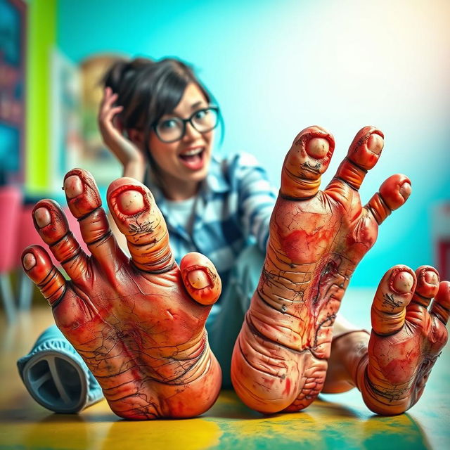 A surreal and humorous scene featuring a woman playfully interacting with a set of exaggeratedly rotten, grotesque toes