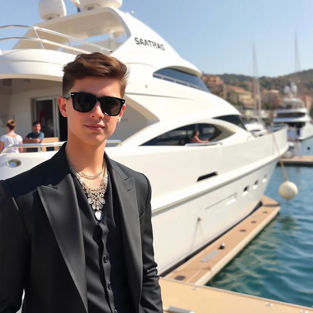 A stylish teenager wearing a sleek black suit, adorned with eye-catching jewelry, stands confidently in front of a luxurious yacht docked in a vibrant port