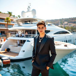 A stylish teenager wearing a sleek black suit, adorned with eye-catching jewelry, stands confidently in front of a luxurious yacht docked in a vibrant port