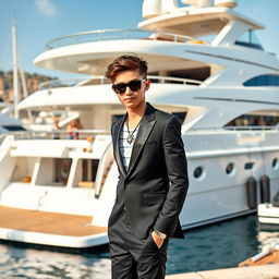 A stylish teenager wearing a sleek black suit, adorned with eye-catching jewelry, stands confidently in front of a luxurious yacht docked in a vibrant port