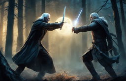 This is a digital artwork depicting a duel between Voldemort and Geralt in a moonlit forest