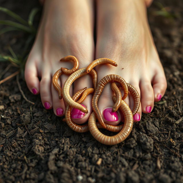 A detailed and slightly surreal close-up image of a pair of feet resting on a textured natural surface, such as grass or dirt