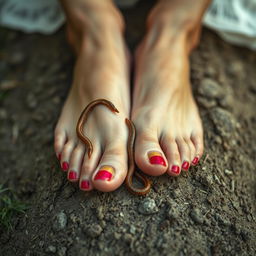 A detailed and slightly surreal close-up image of a pair of feet resting on a textured natural surface, such as grass or dirt