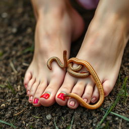 A detailed and slightly surreal close-up image of a pair of feet resting on a textured natural surface, such as grass or dirt