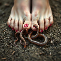 A detailed and slightly surreal close-up image of a pair of feet resting on a textured natural surface, such as grass or dirt