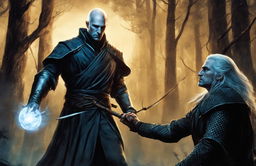 This is a digital artwork depicting a duel between Voldemort and Geralt in a moonlit forest