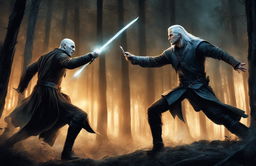 This is a digital artwork depicting a duel between Voldemort and Geralt in a moonlit forest