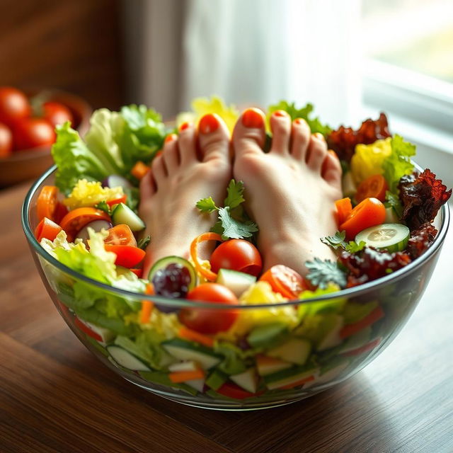 A creative and whimsical image of a pair of women's feet playfully submerged in a large, colorful bowl of salad