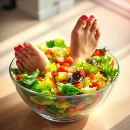 A creative and whimsical image of a pair of women's feet playfully submerged in a large, colorful bowl of salad
