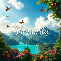 A stunning cover page for a fictional place called Shangrila, featuring lush green mountains, vibrant flowers in a tropical paradise, crystal-clear turquoise waters, and a serene sky with fluffy white clouds