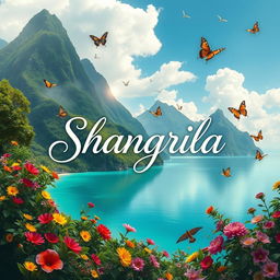 A stunning cover page for a fictional place called Shangrila, featuring lush green mountains, vibrant flowers in a tropical paradise, crystal-clear turquoise waters, and a serene sky with fluffy white clouds