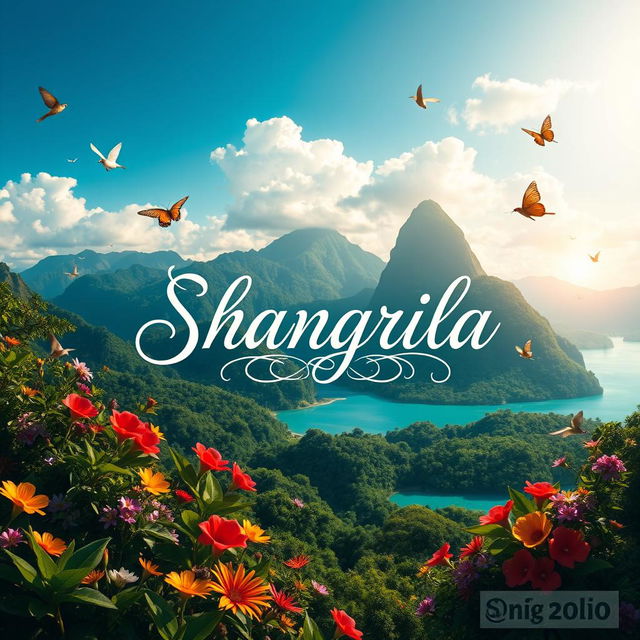 A stunning cover page for a fictional place called Shangrila, featuring lush green mountains, vibrant flowers in a tropical paradise, crystal-clear turquoise waters, and a serene sky with fluffy white clouds