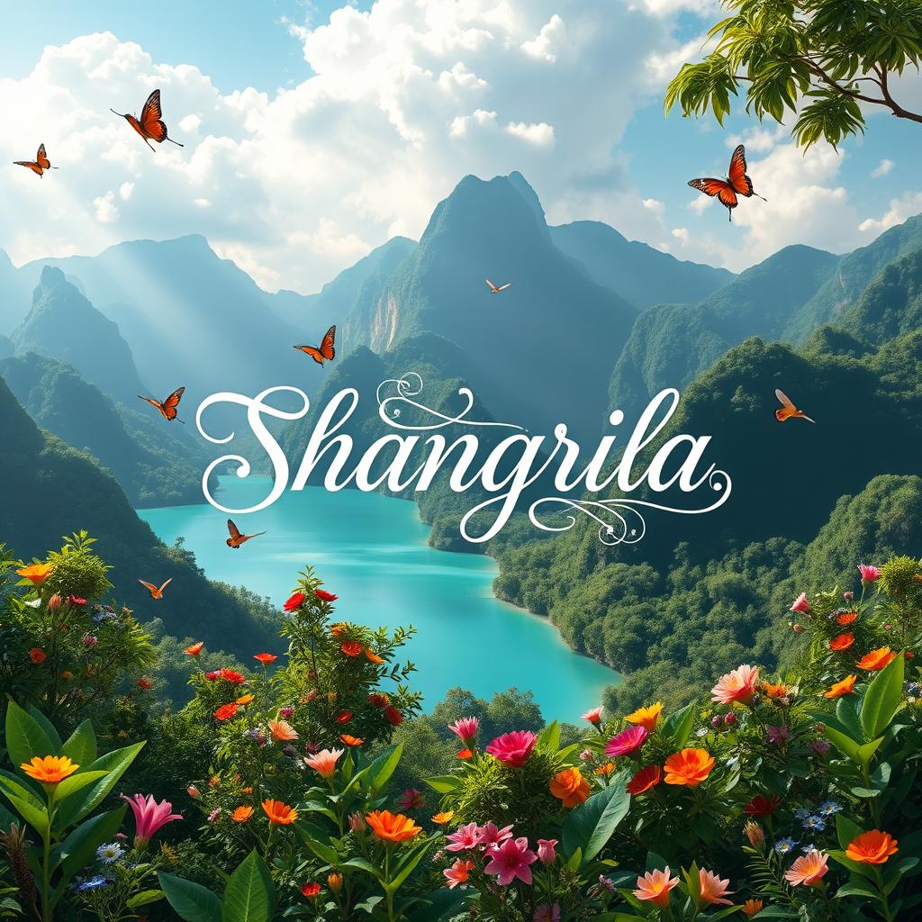 A stunning cover page for a fictional place called Shangrila, featuring lush green mountains, vibrant flowers in a tropical paradise, crystal-clear turquoise waters, and a serene sky with fluffy white clouds