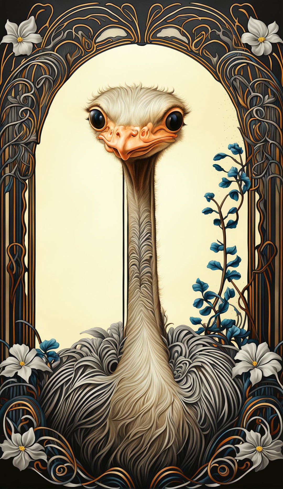 An Art Nouveau style digital art piece featuring an ostrich as its central figure