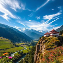 A breathtaking landscape of Bhutan, showcasing its majestic Himalayan mountains, lush green valleys, and traditional Bhutanese architecture