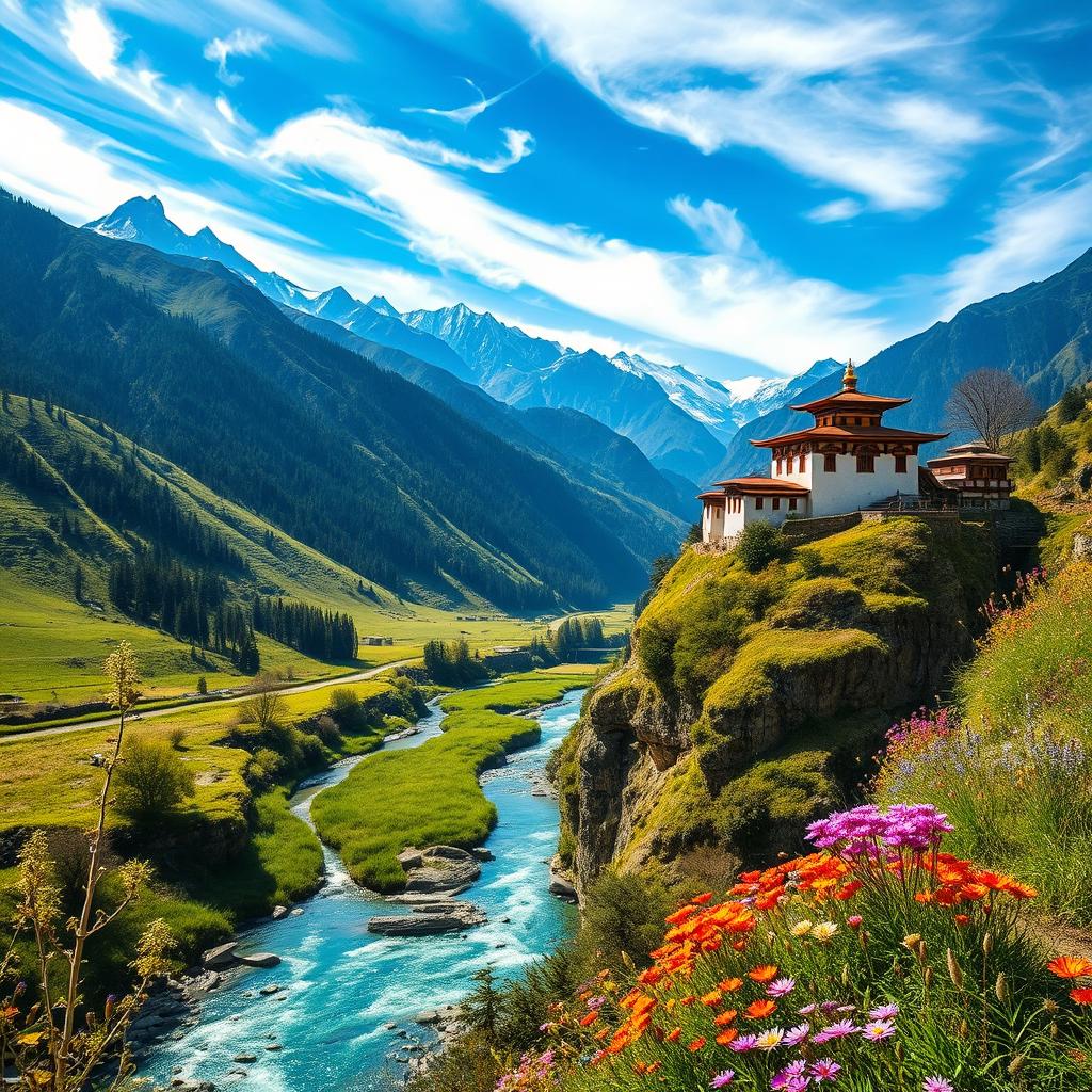 A breathtaking landscape of Bhutan, showcasing its majestic Himalayan mountains, lush green valleys, and traditional Bhutanese architecture