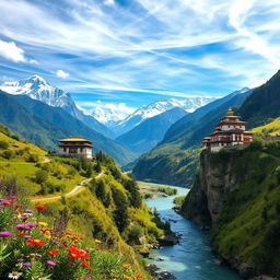 A breathtaking landscape of Bhutan, showcasing its majestic Himalayan mountains, lush green valleys, and traditional Bhutanese architecture