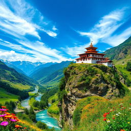 A breathtaking landscape of Bhutan, showcasing its majestic Himalayan mountains, lush green valleys, and traditional Bhutanese architecture