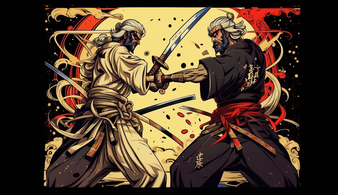 The image depicts Jesus and Satan as samurai in a duel