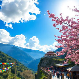 A stunning landscape of Bhutan, nestled in the Himalayan mountains, showcasing the majestic peaks, lush green valleys, and traditional Bhutanese architecture