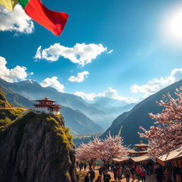A stunning landscape of Bhutan, nestled in the Himalayan mountains, showcasing the majestic peaks, lush green valleys, and traditional Bhutanese architecture