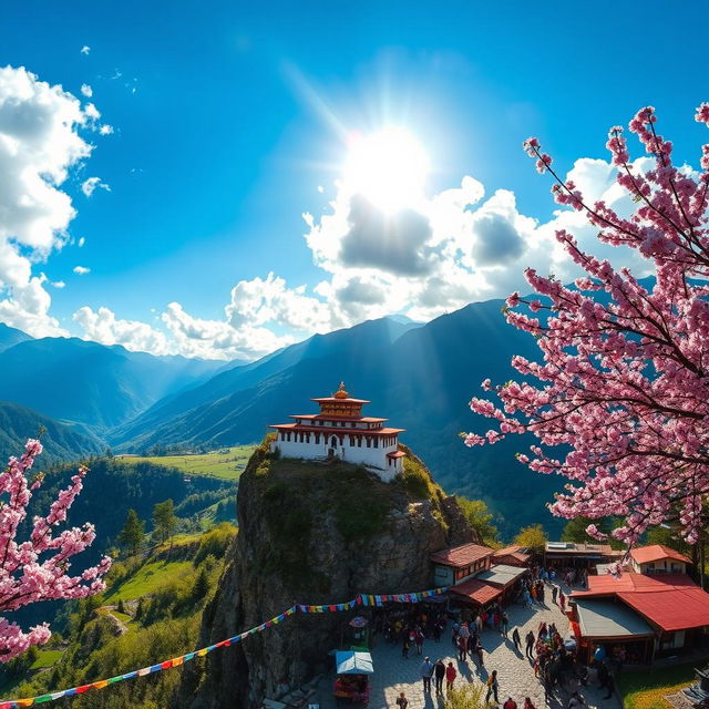 A stunning landscape of Bhutan, nestled in the Himalayan mountains, showcasing the majestic peaks, lush green valleys, and traditional Bhutanese architecture