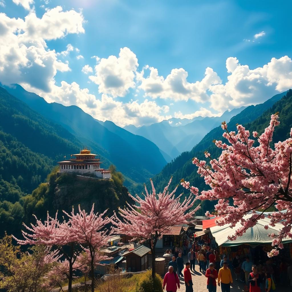 A stunning landscape of Bhutan, nestled in the Himalayan mountains, showcasing the majestic peaks, lush green valleys, and traditional Bhutanese architecture