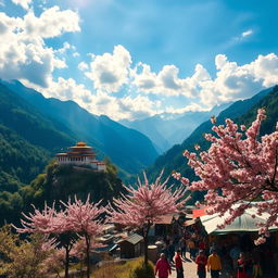 A stunning landscape of Bhutan, nestled in the Himalayan mountains, showcasing the majestic peaks, lush green valleys, and traditional Bhutanese architecture