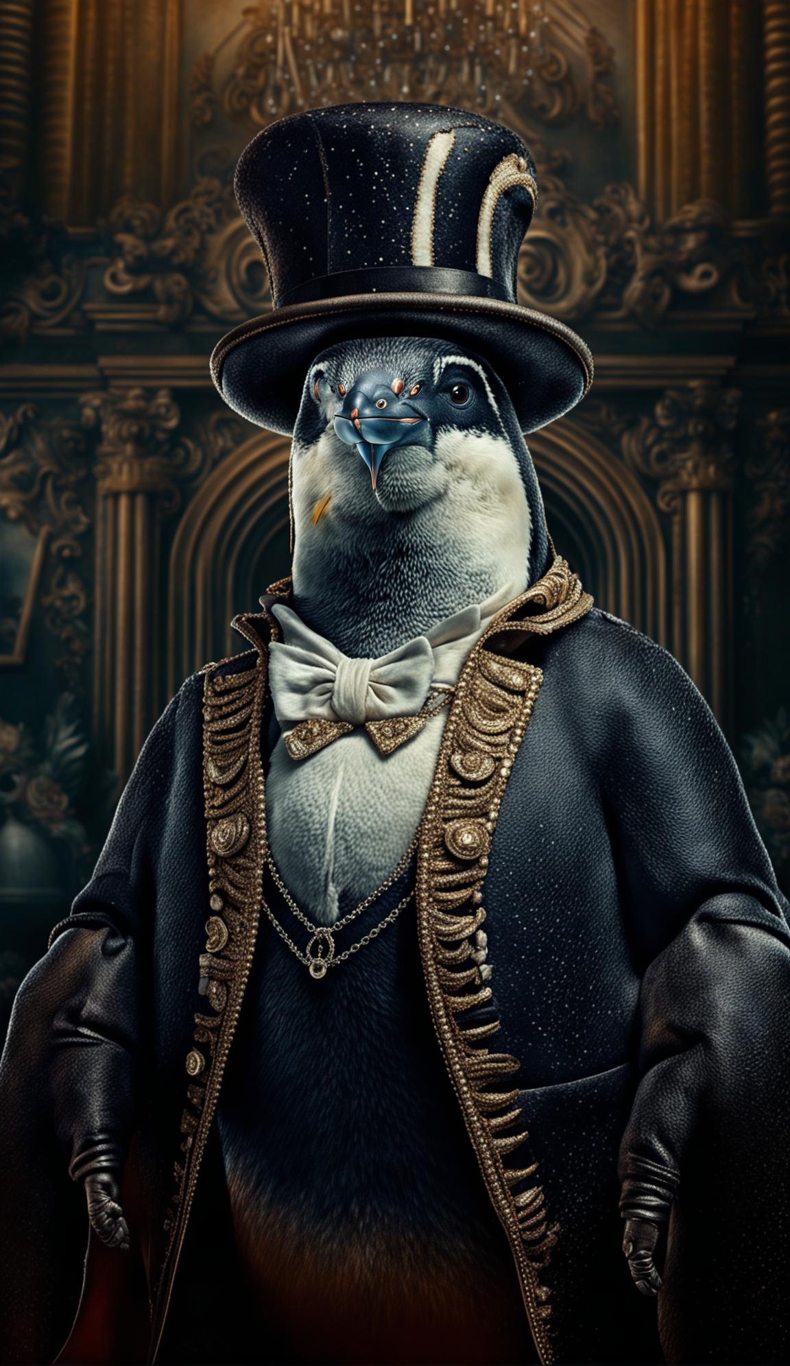 A high-quality digital art piece featuring a penguin in a Baroque style, adorned with intricate details and wearing a top hat
