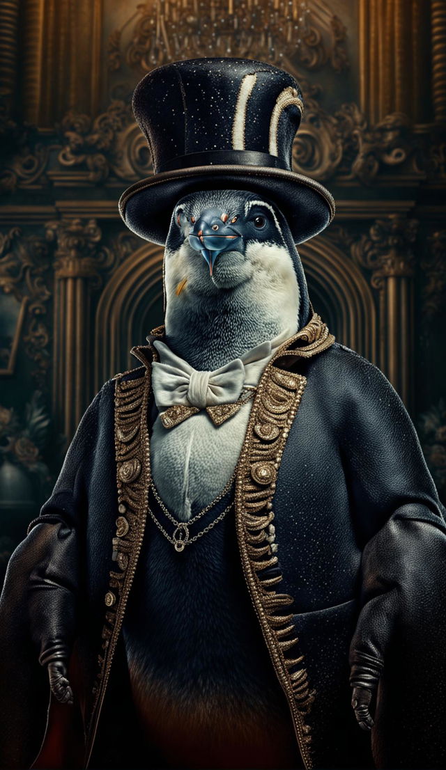 A high-quality digital art piece featuring a penguin in a Baroque style, adorned with intricate details and wearing a top hat