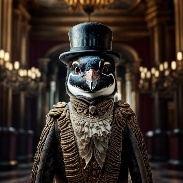 A wide-angle digital art image of a penguin dressed in Baroque style, wearing a top hat, standing in a grand Baroque palace