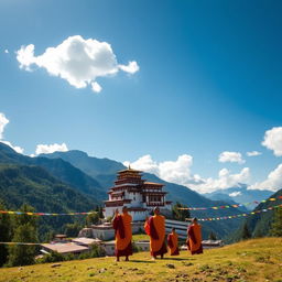 A serene landscape depicting the picturesque Himalayan country of Bhutan, featuring a group of monks dressed in traditional saffron and crimson robes