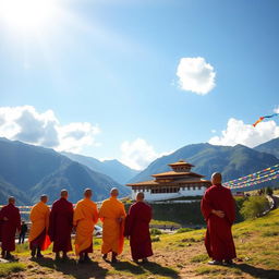 A serene landscape depicting the picturesque Himalayan country of Bhutan, featuring a group of monks dressed in traditional saffron and crimson robes