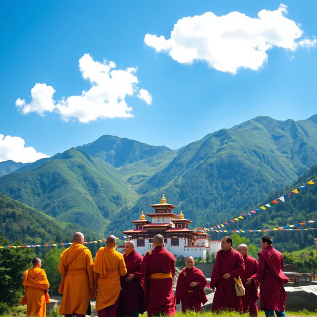 A serene landscape depicting the picturesque Himalayan country of Bhutan, featuring a group of monks dressed in traditional saffron and crimson robes