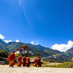 A serene landscape depicting the picturesque Himalayan country of Bhutan, featuring a group of monks dressed in traditional saffron and crimson robes