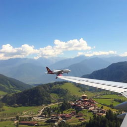 A scenic view of an airplane landing in Paro, Bhutan, surrounded by the breathtaking Himalayan mountains