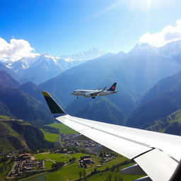 A scenic view of an airplane landing in Paro, Bhutan, surrounded by the breathtaking Himalayan mountains