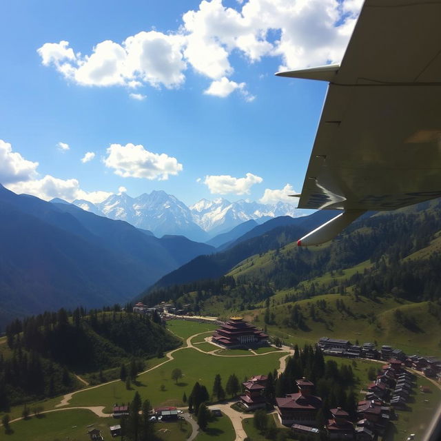 A scenic view of an airplane landing in Paro, Bhutan, surrounded by the breathtaking Himalayan mountains