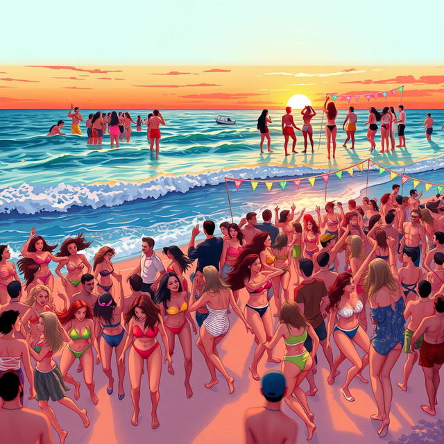 A series of illustrated images showcasing a lively beach party close to the ocean, designed for YouTube thumbnails