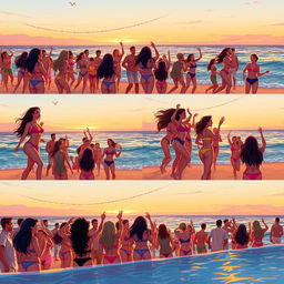 A series of illustrated images showcasing a lively beach party close to the ocean, designed for YouTube thumbnails