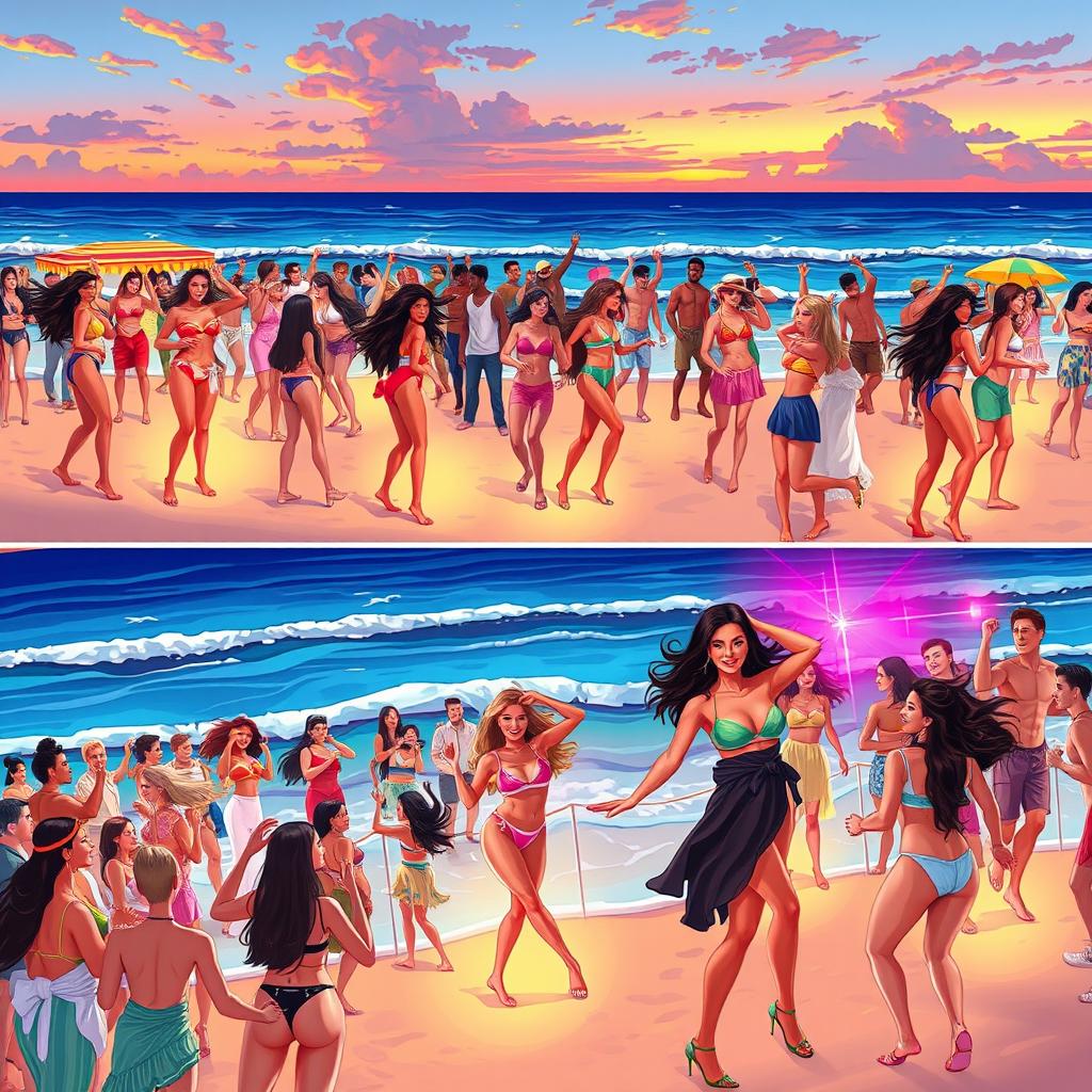 A series of illustrated images showcasing a lively beach party close to the ocean, designed for YouTube thumbnails