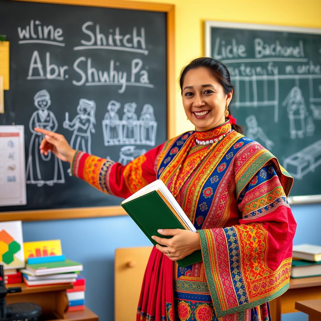 A Bhutanese lady teacher dressed in traditional Bhutanese national dress, known as a Kira